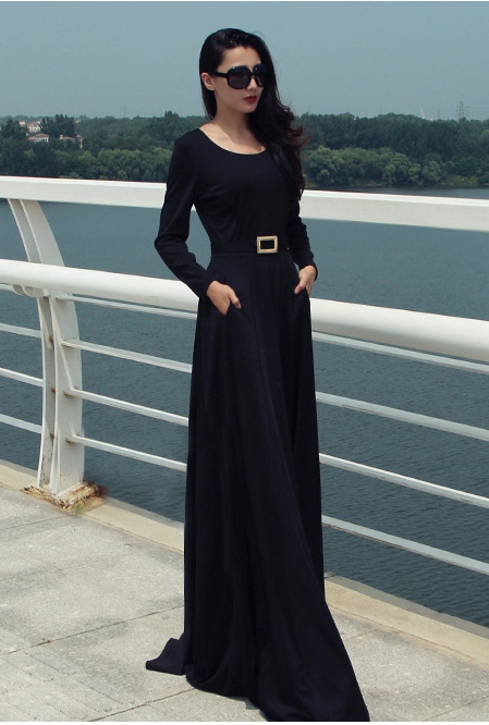 Черное длинное платье с карманами
